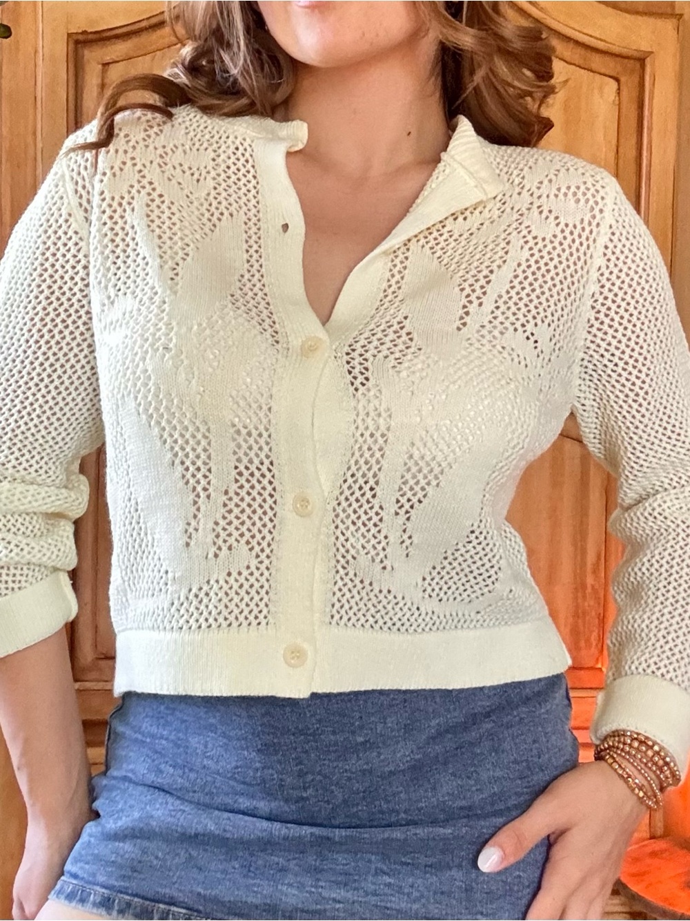 Miss Selfridge Open-Knit Button Cardigan in Cream